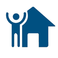 a blue icon with a person standing up in front of a house
