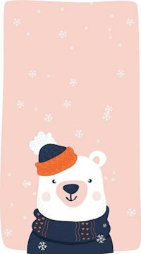 a polar bear in a hat and scarf on a pink background