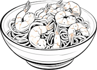 a bowl of noodles with shrimp in it