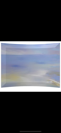 an abstract painting of a beach with a blue sky