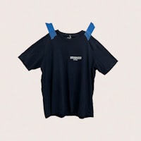 a black t - shirt with a blue ribbon on it