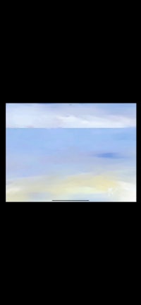 a painting of a beach with a blue sky and white clouds