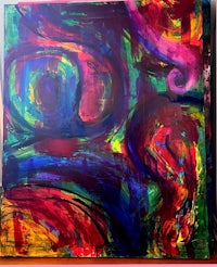 an abstract painting with bright colors and swirls