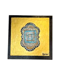 a painting with a gold and blue design on a black background