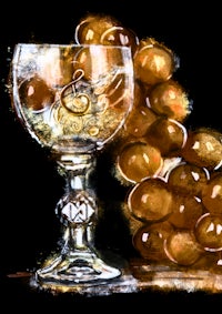 a painting of a wine glass with grapes in it