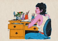 a drawing of a woman sitting at a desk
