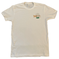 a white t - shirt with an orange and green logo
