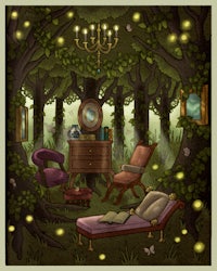 an illustration of a room in a forest