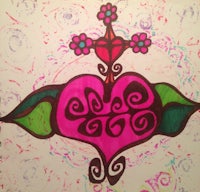 a painting of a pink heart with a cross on it