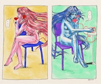two drawings of a woman sitting on a chair