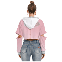 the back view of a woman wearing a pink cropped hoodie and jeans