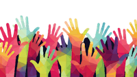 a group of colorful hands raised up on a black background
