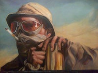 a painting of a man with a cigarette and goggles