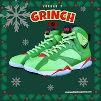 a pair of green jordan 7's with the word grinch on them