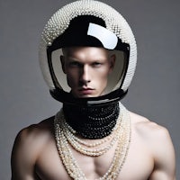 a man wearing a helmet and pearls