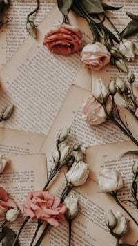 a bunch of roses on an old book