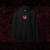 a black hoodie with a red logo on it