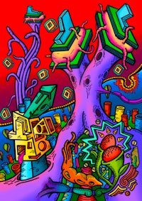a psychedelic drawing of a tree and other objects