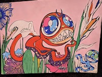 a drawing of an octopus in a field of flowers