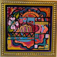 a colorful painting in a gold frame