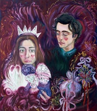 a painting of a man and woman holding a teddy bear
