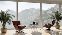 a living room with a view of mountains