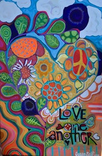 a colorful painting of a heart with the words love one another