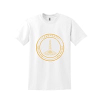 a white t - shirt with a golden logo on it