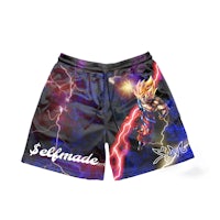 a shorts with an image of a dragon ball character and lightning