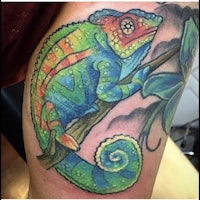 a colorful chamelon tattoo on the arm