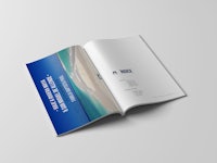 a brochure with a blue cover and a white background