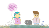 a cartoon family with a dog and a cat standing next to a flower