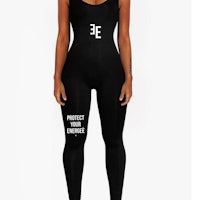 a woman wearing a black bodysuit with the words'project love exercise'on it