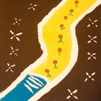 a painting of a yellow road with flowers on it