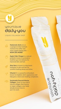 a bottle of liquid collagen with a yellow background