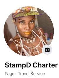 a woman wearing a hat with the words stamp d charter page travel service