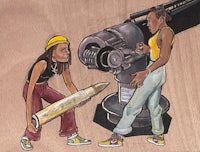 a drawing of a woman and a man working on a machine
