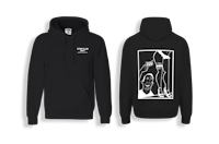 a black hoodie with an image of a man and a woman