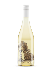 a bottle of white wine with grapes on it