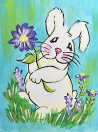 a painting of a white bunny holding purple flowers