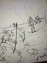 a sketch of a man and a woman fighting in the sand