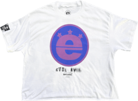 a white t - shirt with a purple and blue logo