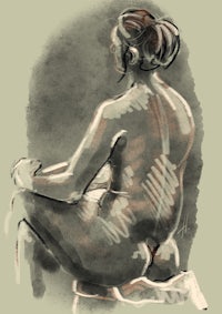 a drawing of a nude woman sitting on a stool