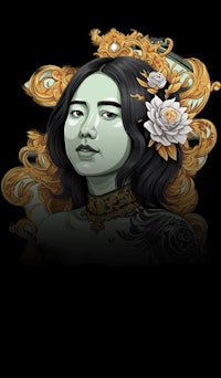 an asian woman with flowers on her head