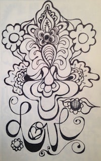 a black and white drawing of a flower with the word love