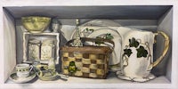 a painting of a kitchen with green and white items