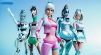 a group of dolls in pink and blue outfits