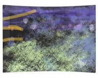 a purple and yellow painting on a tapestry