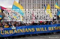 a group of people with flags and a quote about ukraine