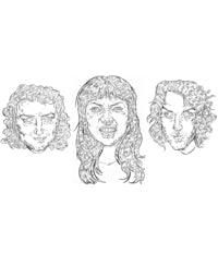 a black and white drawing of three people with curly hair